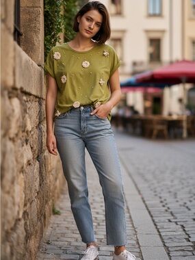 Citrine Green Embellished Floral Tee